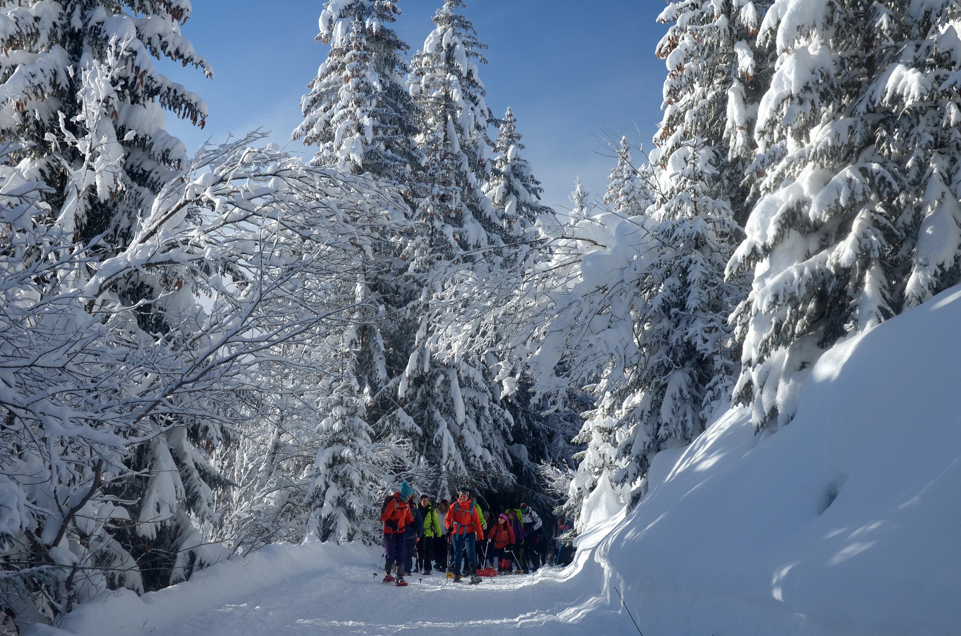 Snowshoers watching sunrise alpenglow on Wasatch Mountains